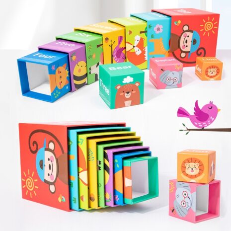 Piramida cu 10 Cuburi educative Turn cu Cifre Fructe si animale