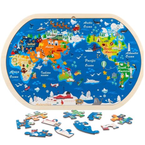 Puzzle educativ lemn Harta lumii cu ilustratii Numele continentelor