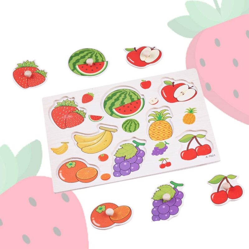 Puzzle incastru Fructe sanatoase pentru copii cu butoni din lemn Puzzle incastru Fructe sanatoase pentru copii cu butoni din lemn