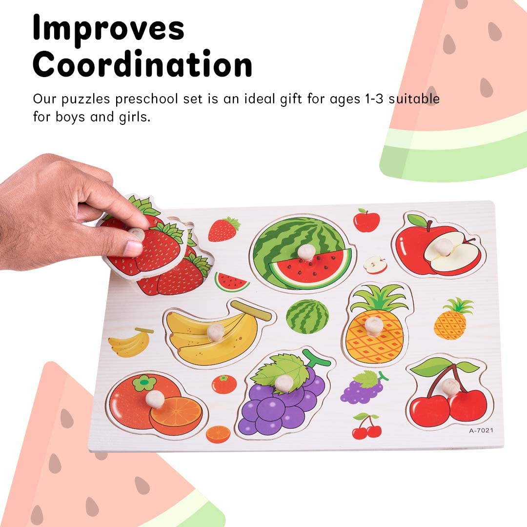 Puzzle incastru Fructe sanatoase pentru copii cu butoni din lemn