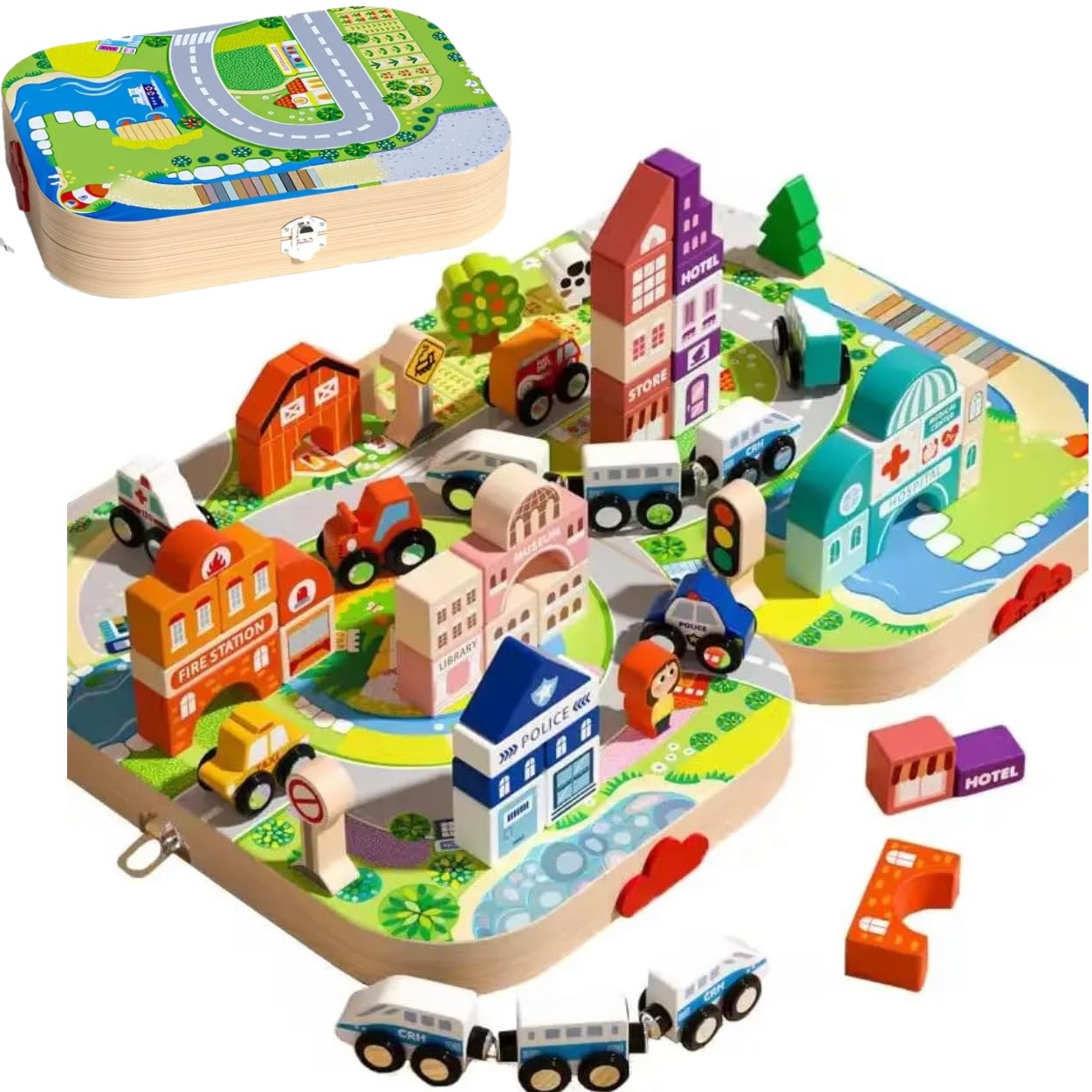 Servieta cu cuburi Circuit Oraselul cu Tren Masini Forme geometrice