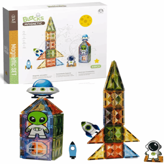 Set 51 Cuburi magnetice transparente luminoase 3D Racheta STEM Set 51 Cuburi magnetice transparente luminoase 3D Racheta STEM