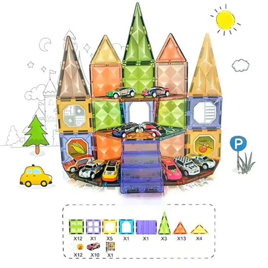 Set 62 Cuburi magnetice transparente luminoase 3D Masini STEM