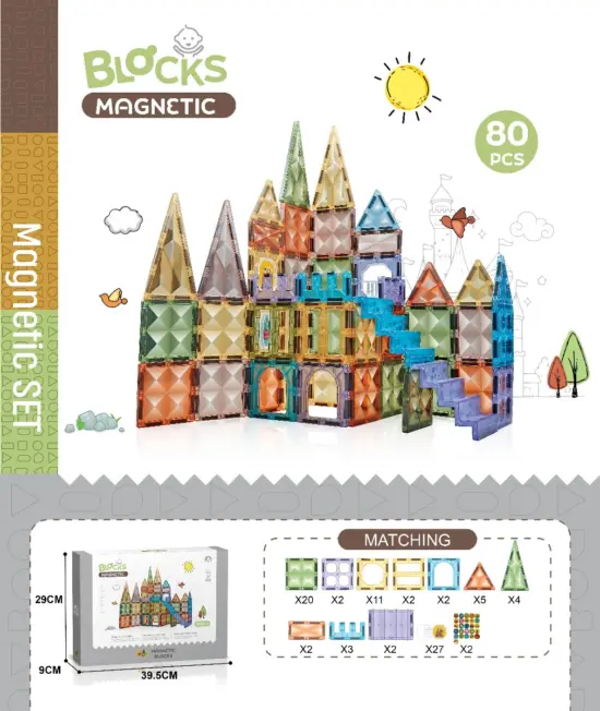 Set 80 Cuburi magnetice transparente luminoase 3D Castel STEM