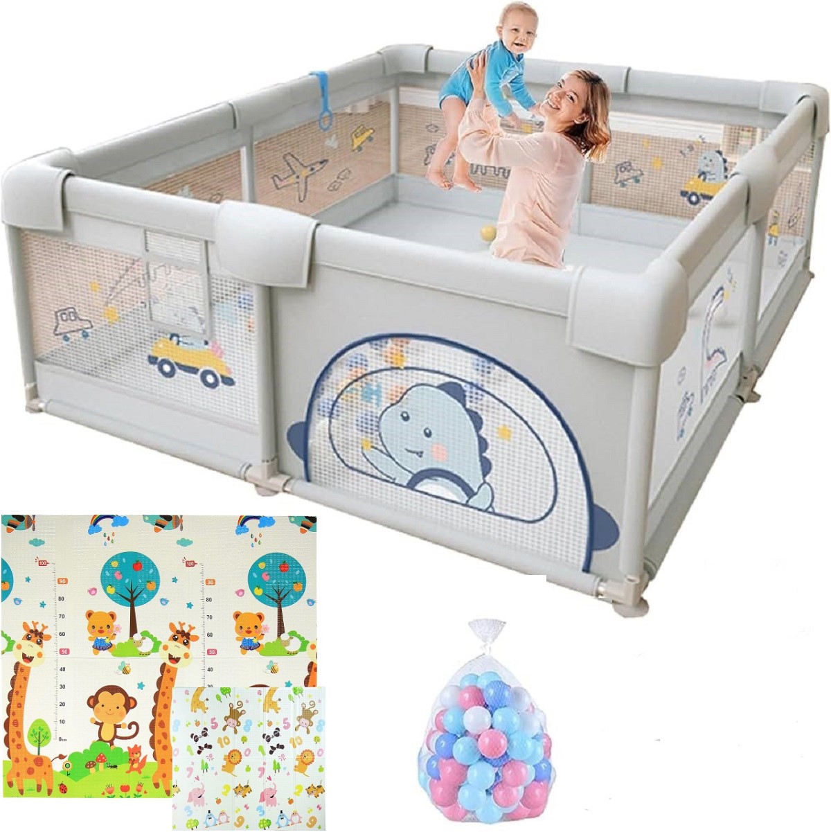 Tarc de joaca 150180cm cu Covor impermeabil si 60 bile colorate