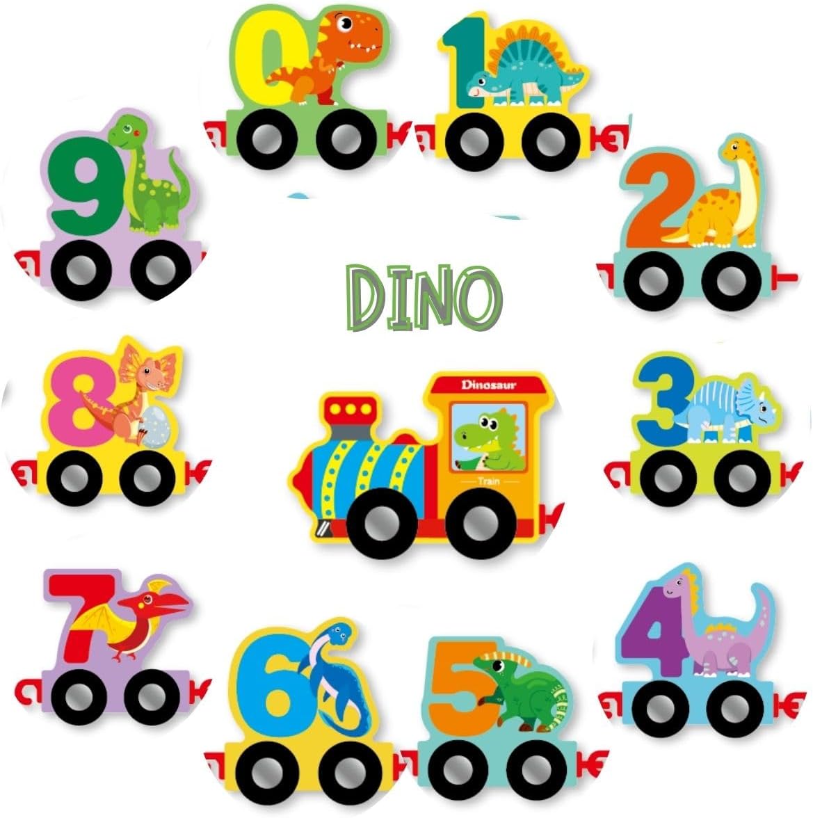 Tren magnetic Dinozaur cu Cifre 0-9 Joc educativ cu 10 Vagoane