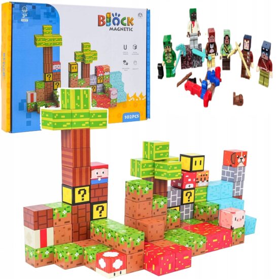 Set 104 Cuburi magnetice 6 Figurine MineCraft Magnetici Joc Stem