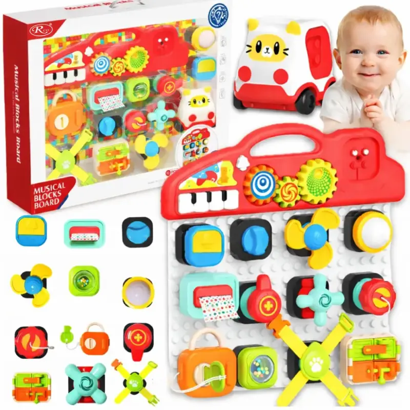 Casuta interactiva Montessori Busy Board Lumini Sunete Tabla 15 activitati