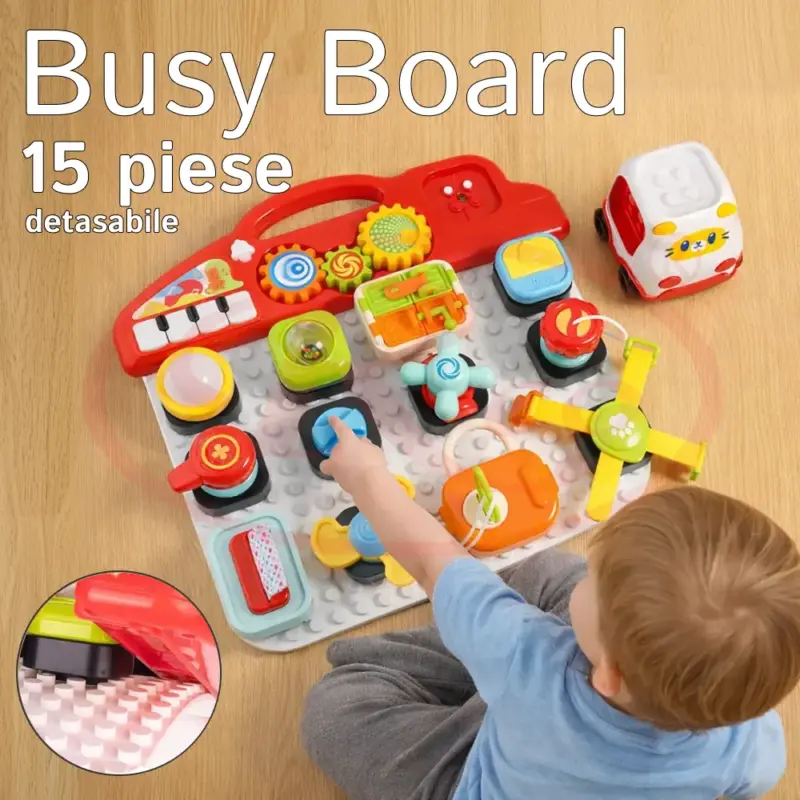 Casuta interactiva Montessori Busy Board Lumini Sunete Tabla 15 activitati