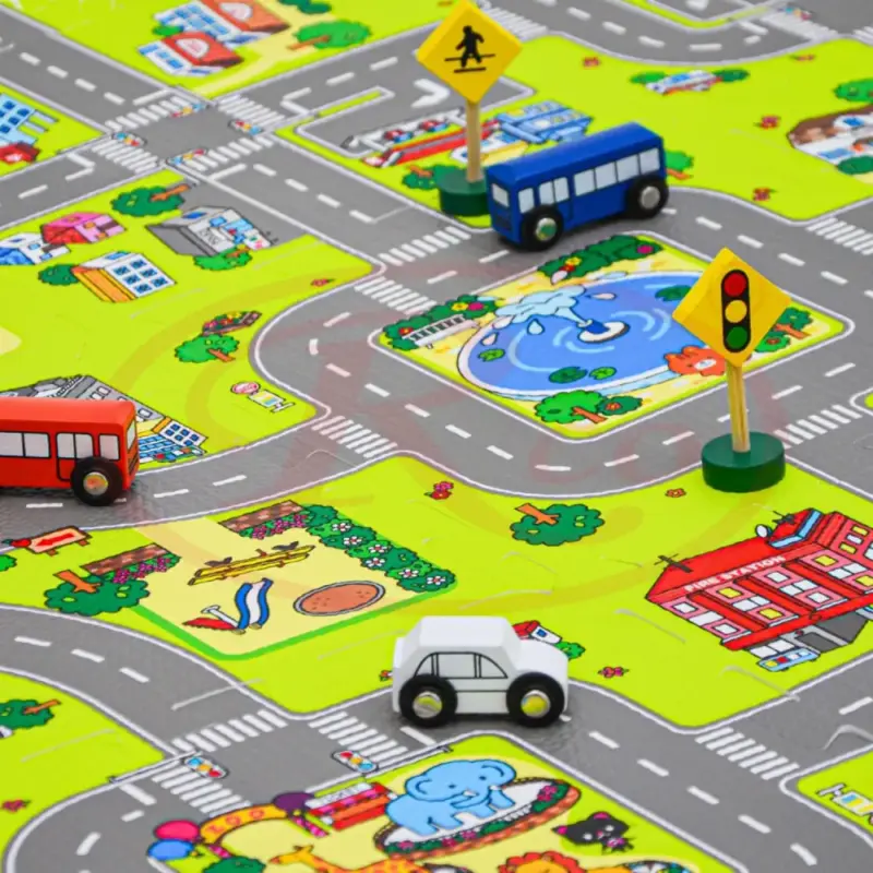 Covor joaca copii Oraselul Traseu Puzzle burete Trafic 90x90 cm