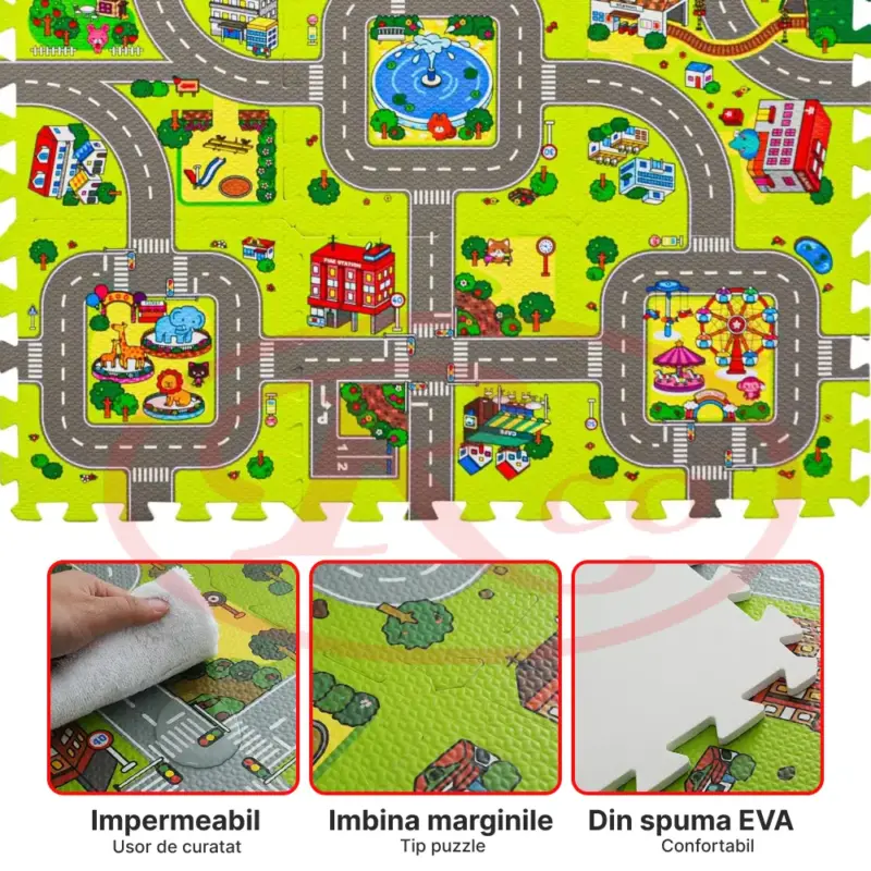 Covor joaca copii Oraselul Traseu Puzzle burete Trafic 90x90 cm