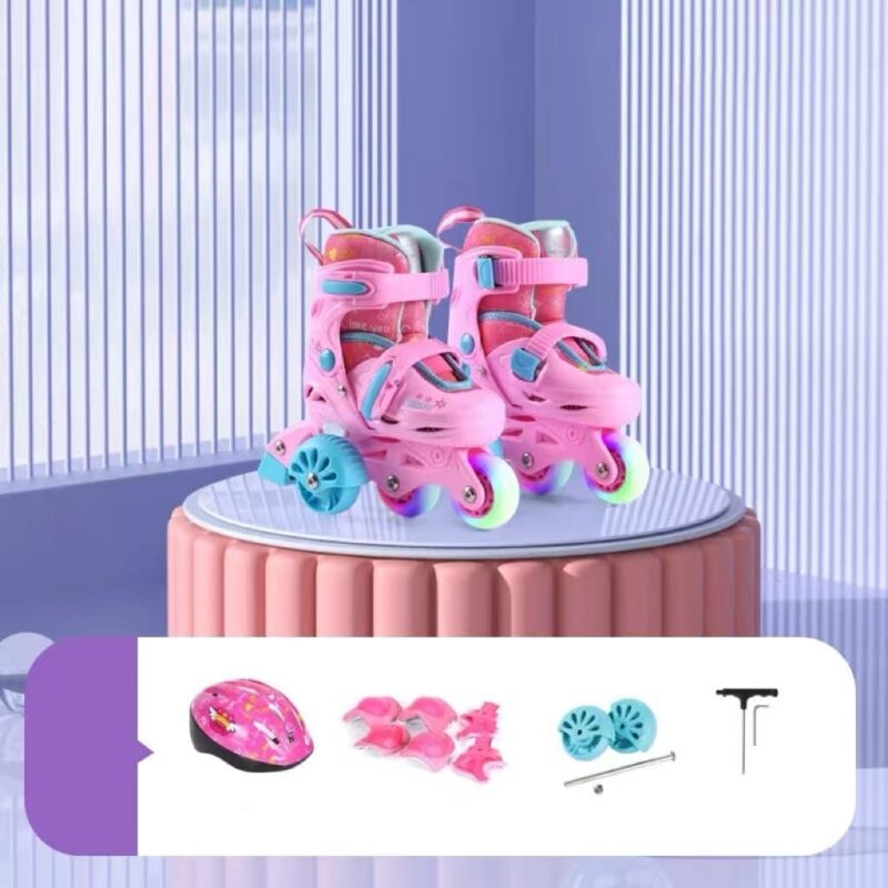 Set Role reglabile Roz 2in1 cu Lumini Protectii Roti ajutatoare Frana