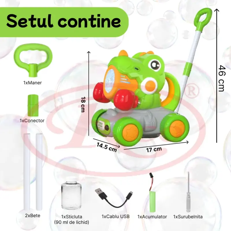 Jucarie interactiva de impins Dinozaurul cu baloane cu baterie USB