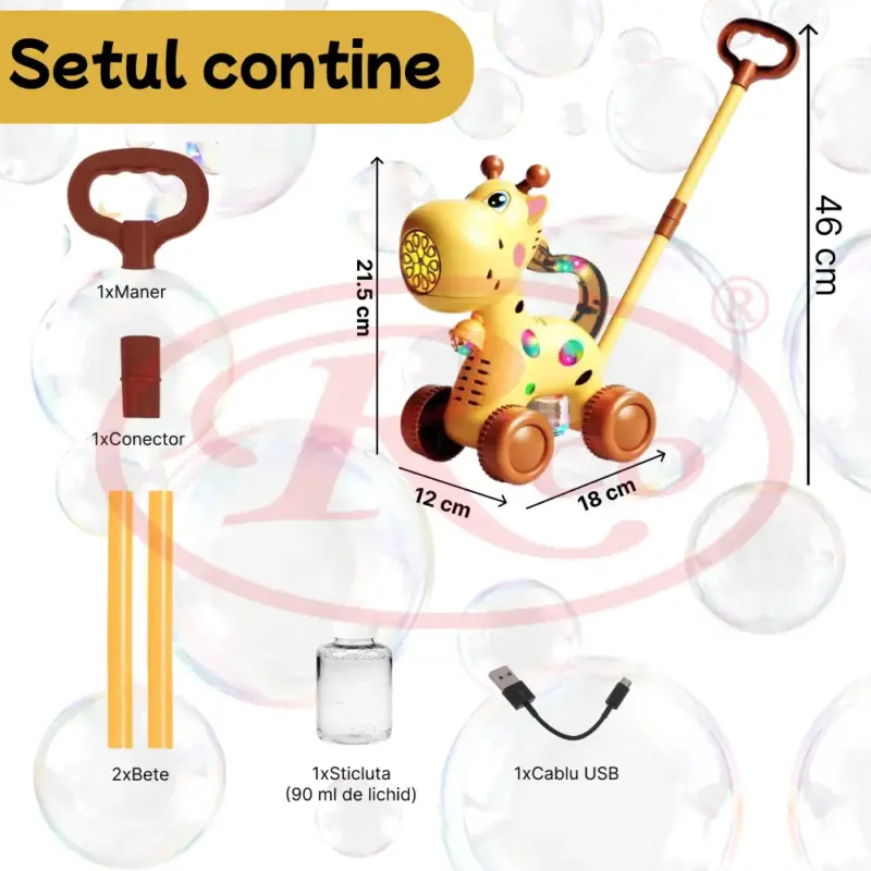 Jucarie interactiva de impins Girafa cu baloane cu baterie USB copii