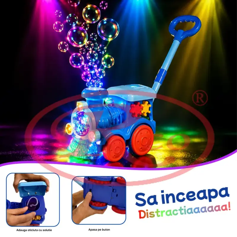 Jucarie interactiva de impins Locomotiva cu baloane cu baterie USB