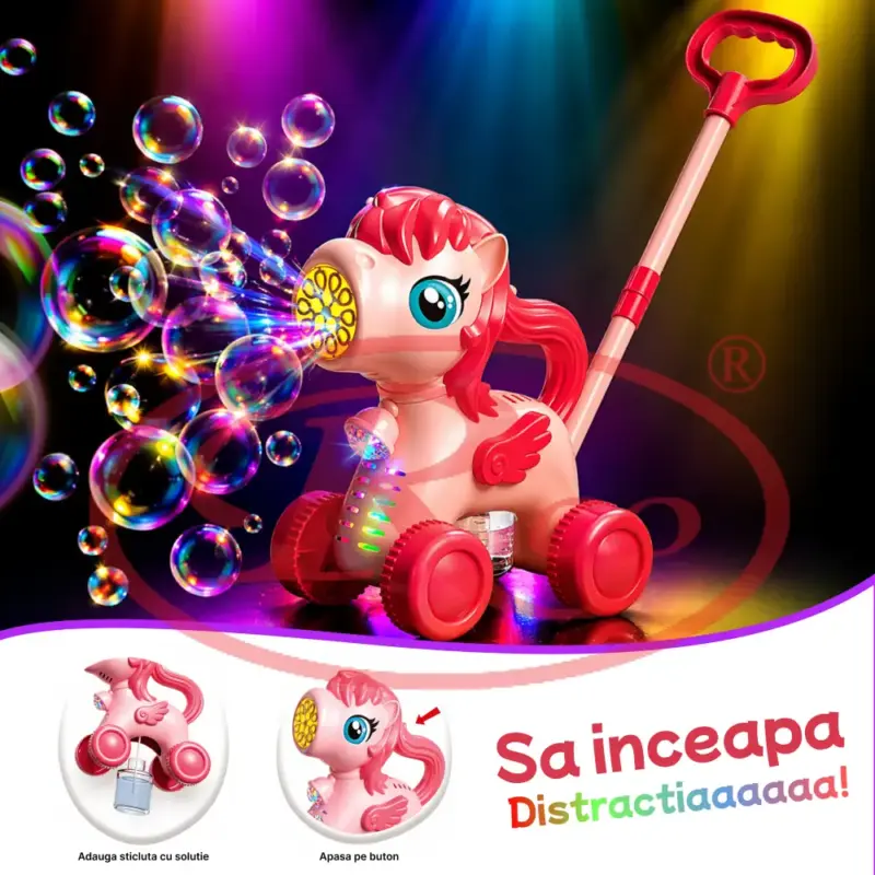 Jucarie interactiva de impins Unicorn cu baloane cu baterie USB