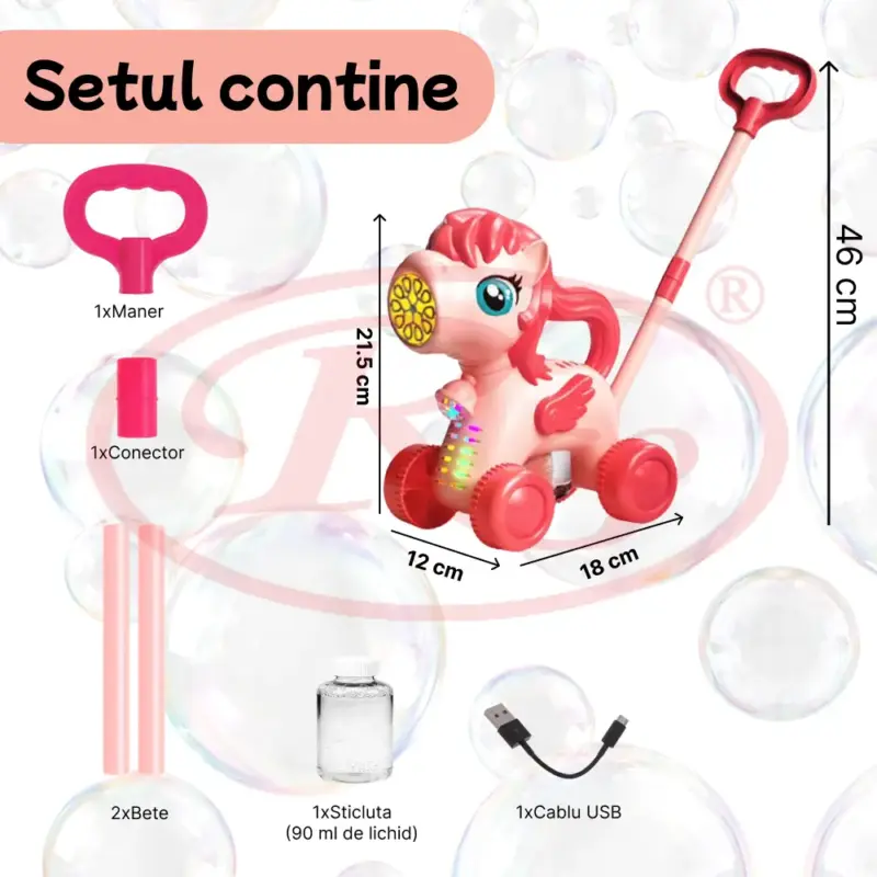 Jucarie interactiva de impins Unicorn cu baloane cu baterie USB