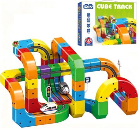 Jucarie circuit cu Trenuletul electric Pista flexibila Cuburi STEM 123 piese
