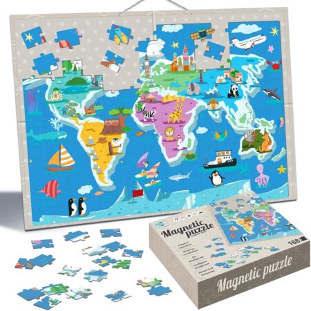 Joc Puzzle magnetic Harta lumii cu animale 168 piese