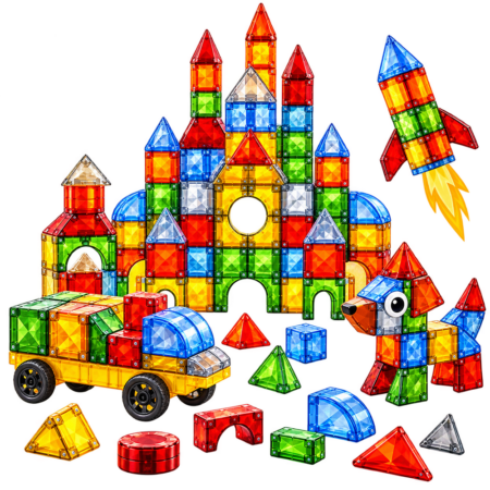 Set 105 Cuburi magnetice transparente luminoase 3D Castel STEM