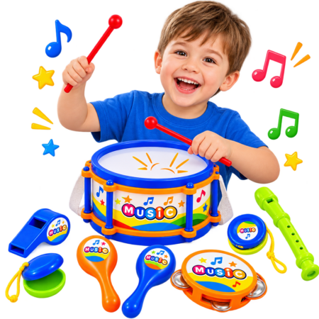 Set 9 instrumente muzicale Jucarii interactive Toba Flaut Maracas