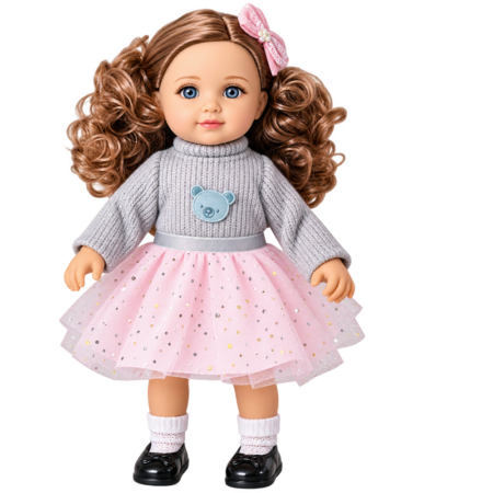 Papusa Fashion cu parul cret Fustita Roz si cu pulovar 36 cm