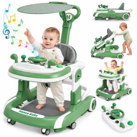 Premergator reglabil 3in1 Maner parental Verde cu Muzica si Parasolar